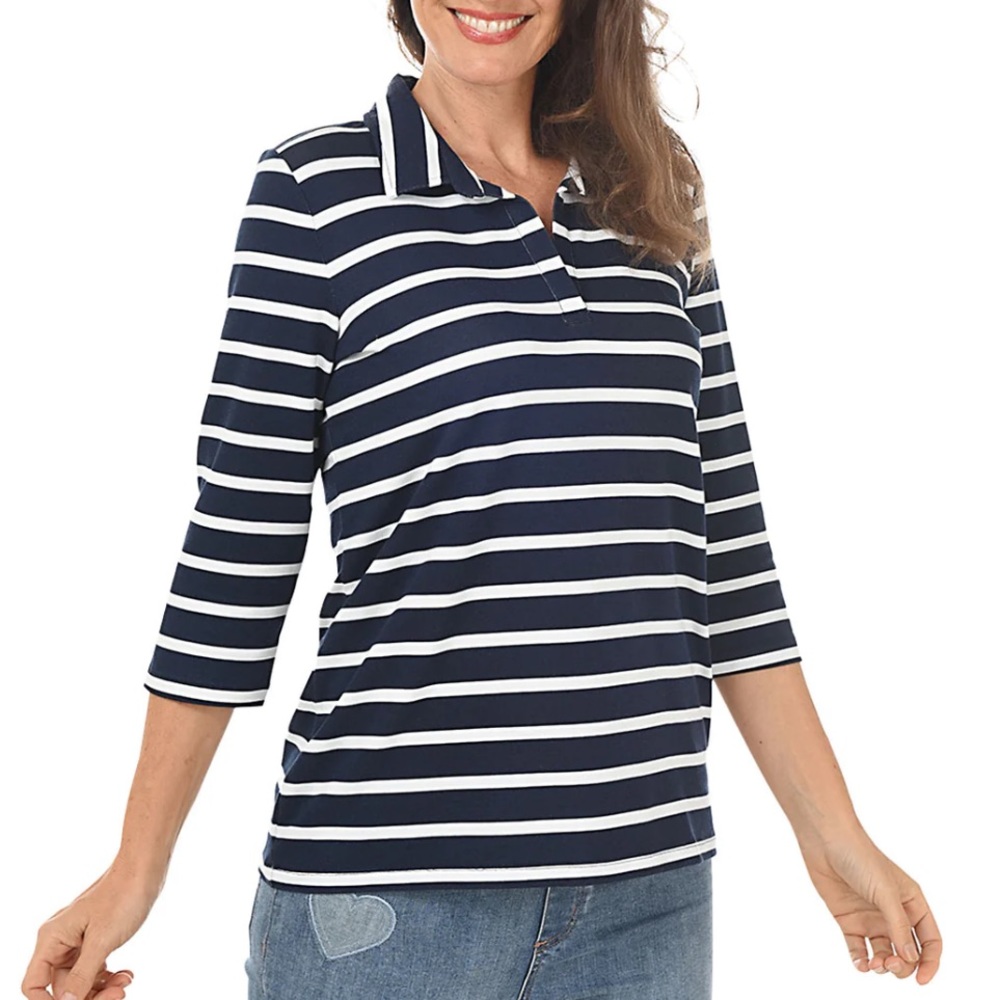 French Dressing Jeans Navy Blue White Striped 3/4 Sleeve Polo Shirt Top Preppy S